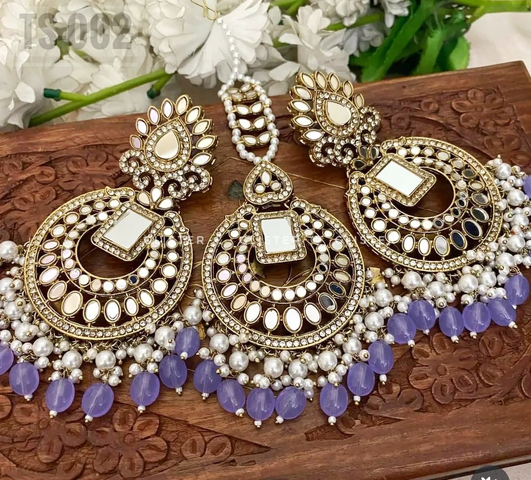 PurpleBig earrings and Tikli set TS-002