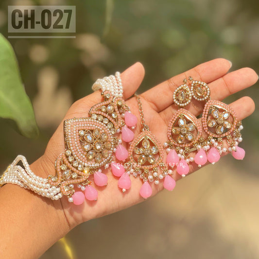 Pink akistani Choker, Earrings and Tikli set. CH-027