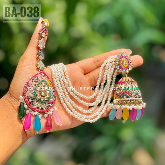 Premium Bahubali Jhumka with attached Tana and Tikli Set. BA-038