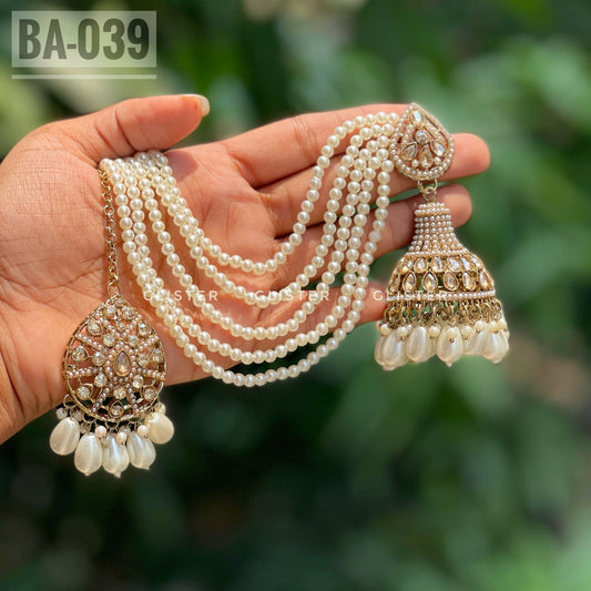 Pakistani Inspired Jhumka with attached Tana and Tikli set. BA-039