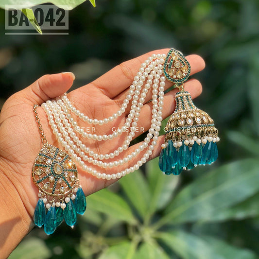 Pakistani Inspired Jhumka with attached Tana and Tikli set. BA-042